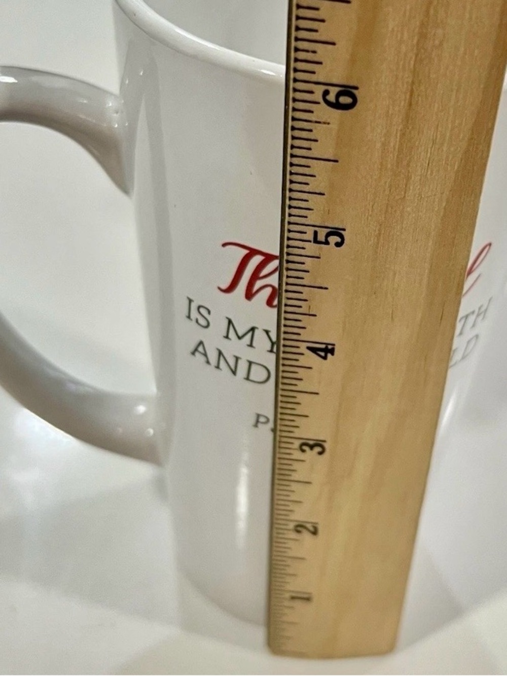 Inspirational Coffee Mug – White Ceramic Latte Cup – Psalm 28:7 - Picture 7 of 9
